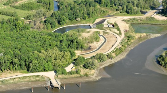 Luchtfoto van een rivier met een omliggend groen natuurgebied en een wandelpad langs het water. (vergroot foto)